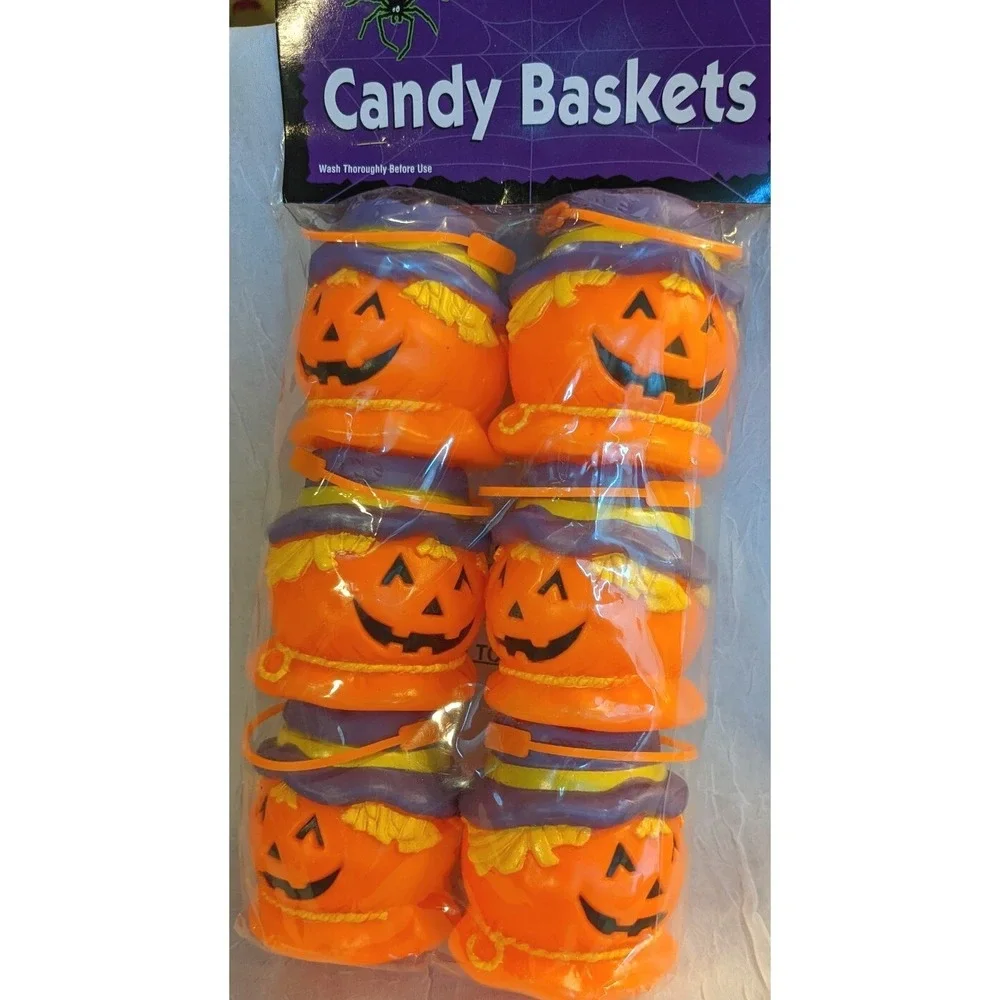 Blow Mold Halloween Pumpkin Mini Buckets Baskets Candy Scarecrow Decor Vtg NOS